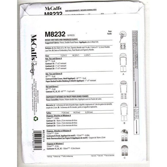 McCall's M8232 Knit Hat and Fingerless Gloves for Fleece Uncut Sewing Pattern Ne - Picture 2 of 6